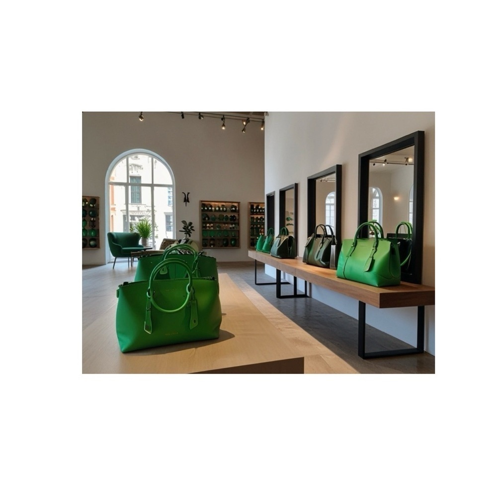 HANDCRAFTED digital art print Elegant Green Handbag in a store boutique